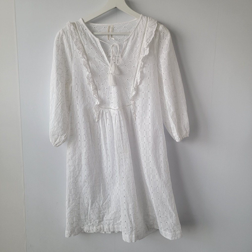 Anthropologie women's White Thames Ruffled Eyelet Mini Dress sz 8‎ Long Sleeve